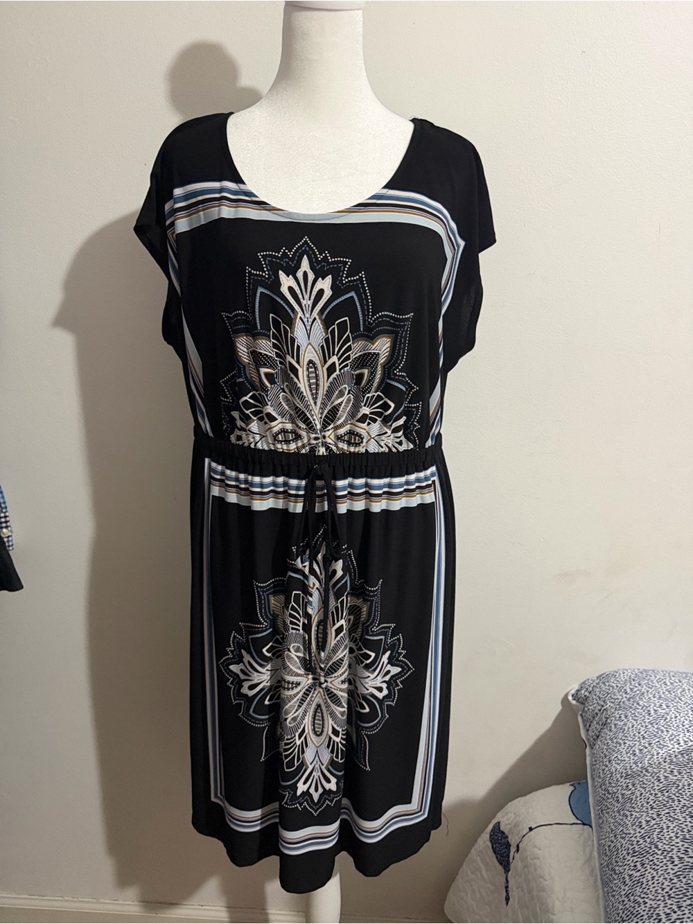 Black Floral Medallion Drawstring Waist Dress